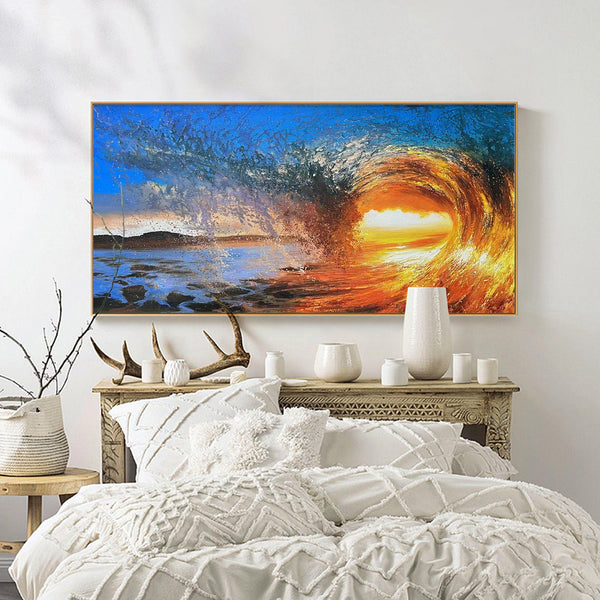 Big Ocean Sunset Painting Orange Wave Wall Art Large Coastal Painting Bright Color Painting Blue Beach Wall Art Framed Sky Canvas Art Decor