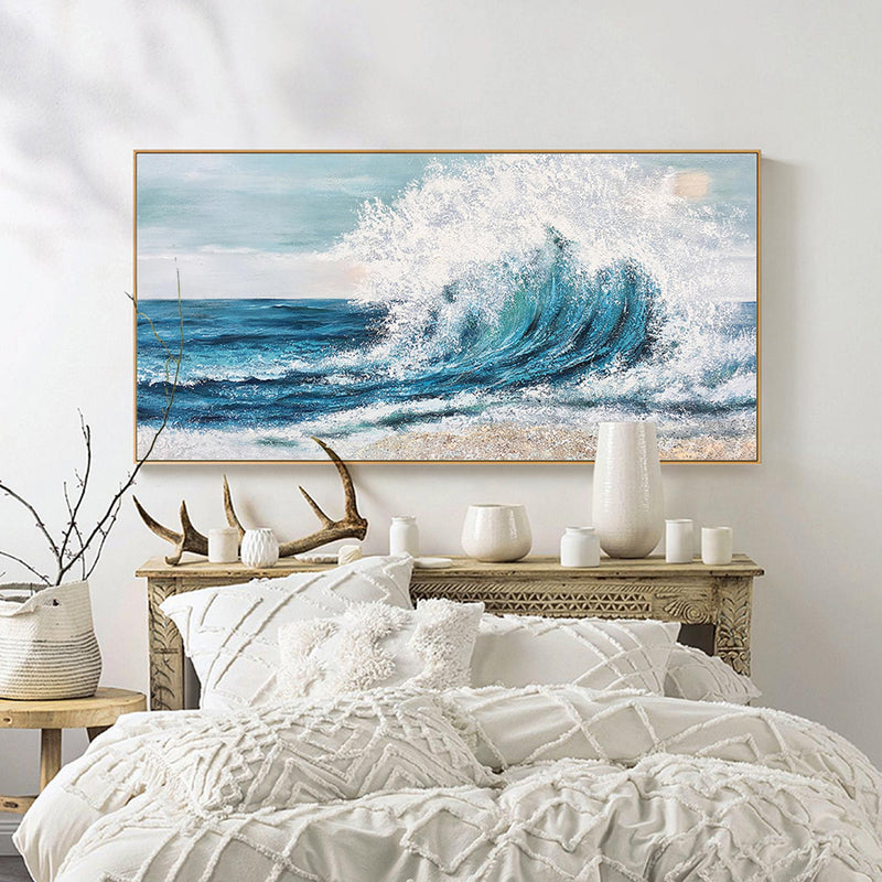 Textured Ocean Wave Wall Art Large Blue Sea Painting Seascape Framed Canvas Wall Are Seaside Panoramic Wall Art Sunset Beach Canvas painting