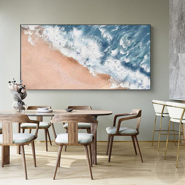 Modern Blue Wave Beach Painting Contemporary Seascape Wall Art Ocea Panoramic Art