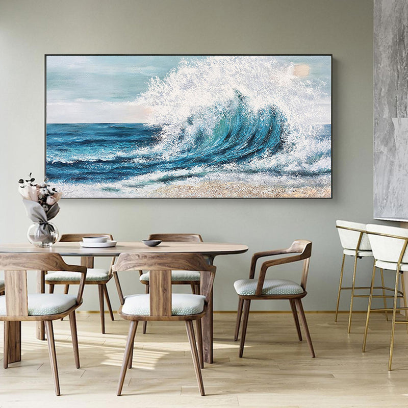Textured Ocean Wave Wall Art Large Blue Sea Painting Seascape Framed Canvas Wall Are Seaside Panoramic Wall Art Sunset Beach Canvas painting