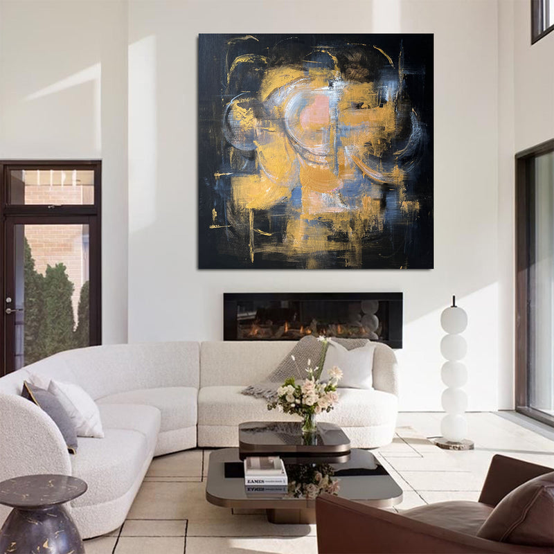 Black And Gold Abstract Flower Wall Art Livingroom Canvas Wall Art Acrylic Painting For Sale