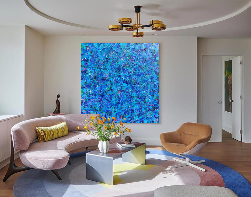 47'' X 47'' Modern Blue Large Wall Art Abstract Square Paintings Artwork In Stock For Sale