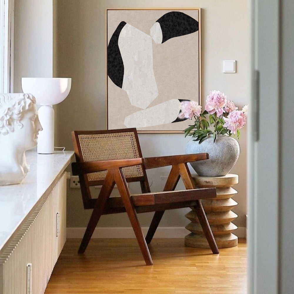 Modern  Large Plaster Art On Canvas Beige Abstract Painting White And Black Minimalist Geometric Painting Black And White Cool Abstract Minimalist Painting