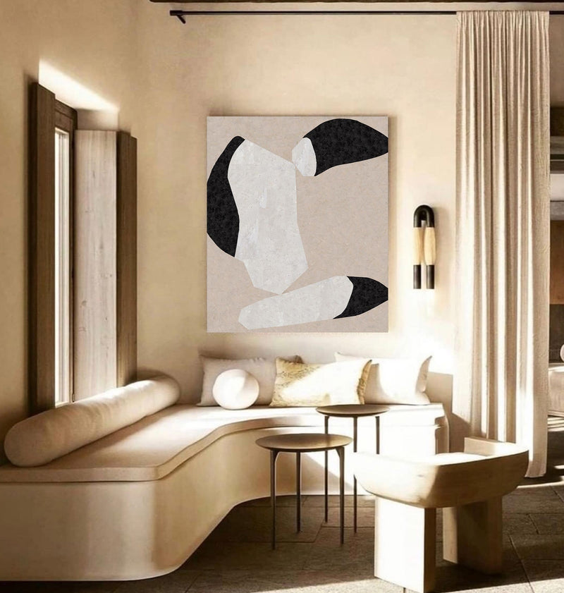 Modern  Large Plaster Art On Canvas Beige Abstract Painting White And Black Minimalist Geometric Painting Black And White Cool Abstract Minimalist Painting