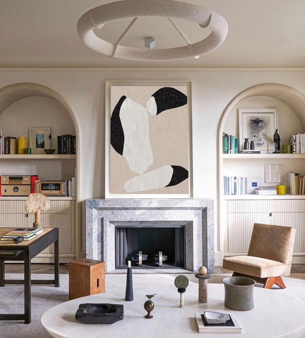 Modern  Large Plaster Art On Canvas Beige Abstract Painting White And Black Minimalist Geometric Painting Black And White Cool Abstract Minimalist Painting