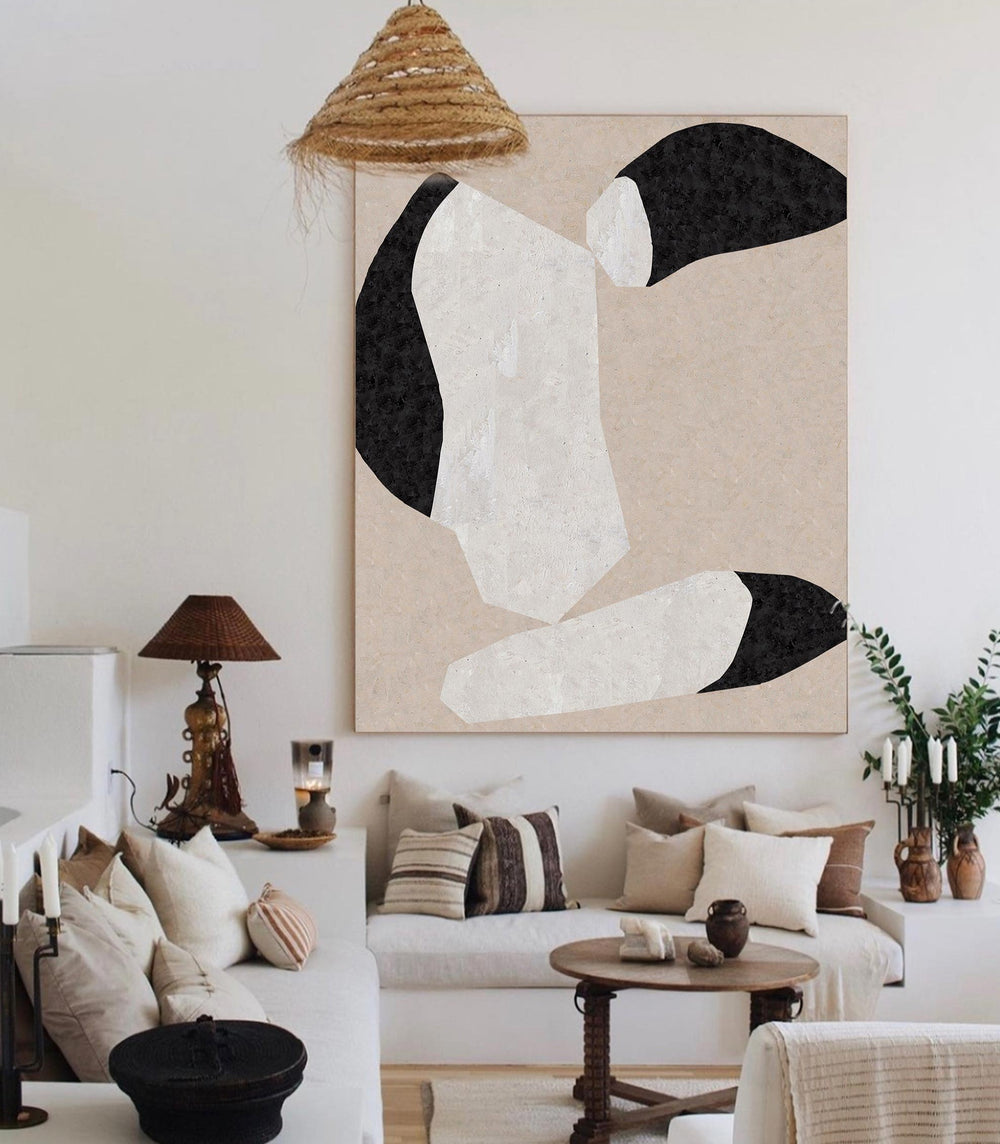 Modern  Large Plaster Art On Canvas Beige Abstract Painting White And Black Minimalist Geometric Painting Black And White Cool Abstract Minimalist Painting