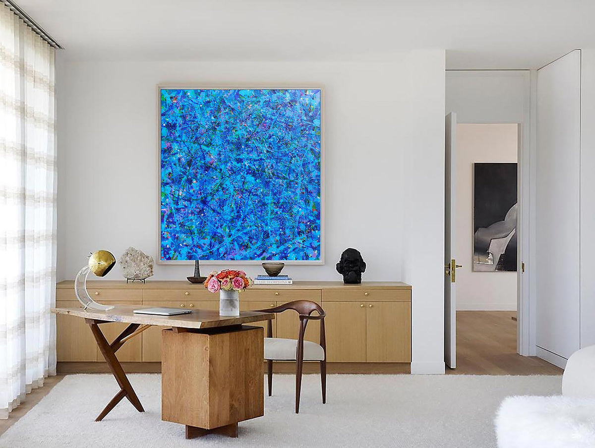 47'' X 47'' Modern Blue Large Wall Art Abstract Square Paintings Artwork In Stock For Sale