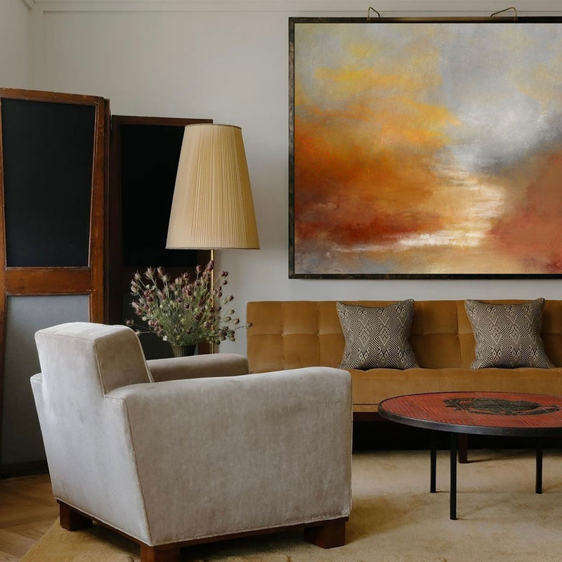 modern large bright brown and orange impressionist landscape painting on canvas abstract scenery painting for living room