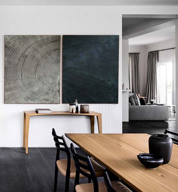 Modern Minimalist Art Texture Art 2 Pieces Black Grey Painting Circular Line Canvas Painting 