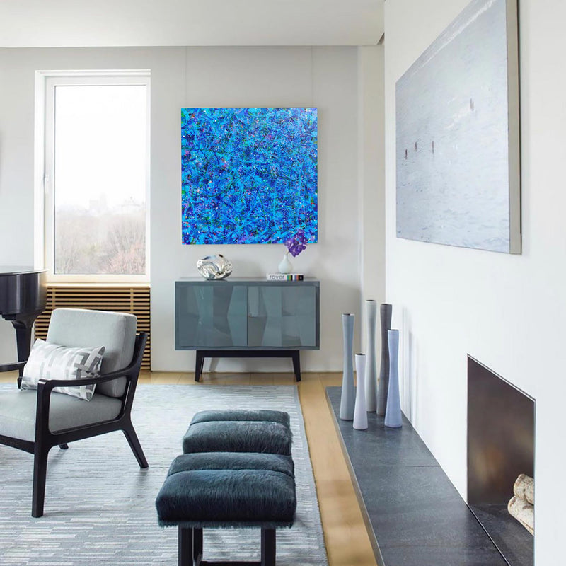 47'' X 47'' Modern Blue Large Wall Art Abstract Square Paintings Artwork In Stock For Sale