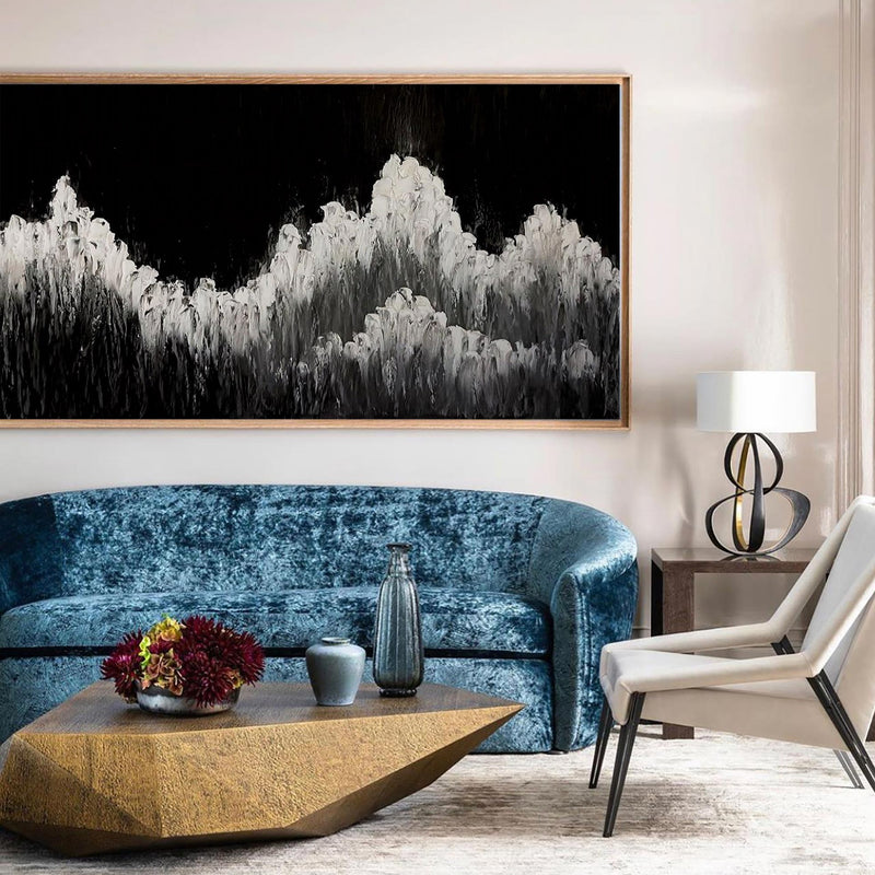 Large Rich Textured Black White Ocean Wave Abstract Painting Panoramic Wall Art Huge Canvas Art For Living Room