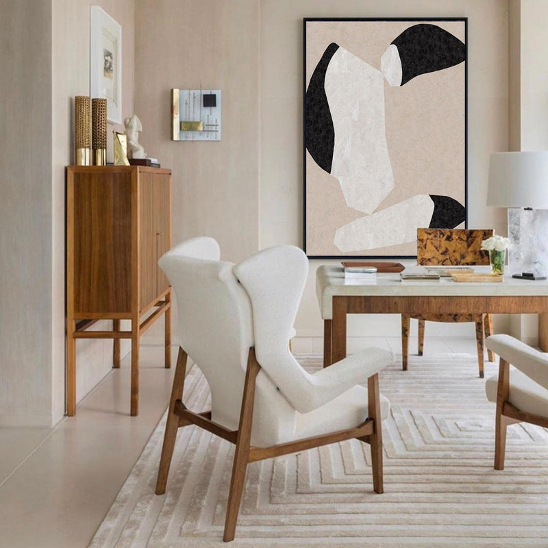 Modern  Large Plaster Art On Canvas Beige Abstract Painting White And Black Minimalist Geometric Painting Black And White Cool Abstract Minimalist Painting