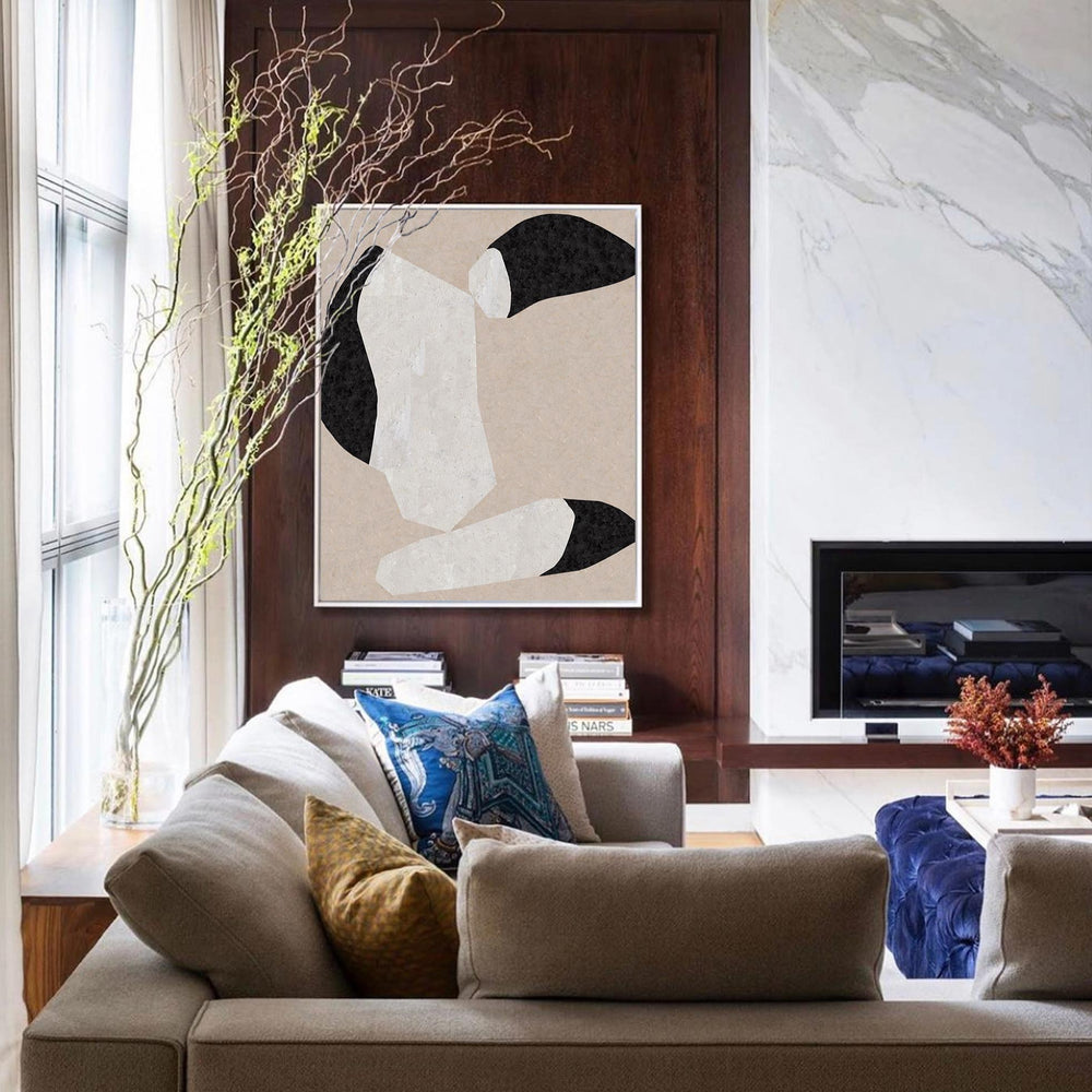 Modern  Large Plaster Art On Canvas Beige Abstract Painting White And Black Minimalist Geometric Painting Black And White Cool Abstract Minimalist Painting