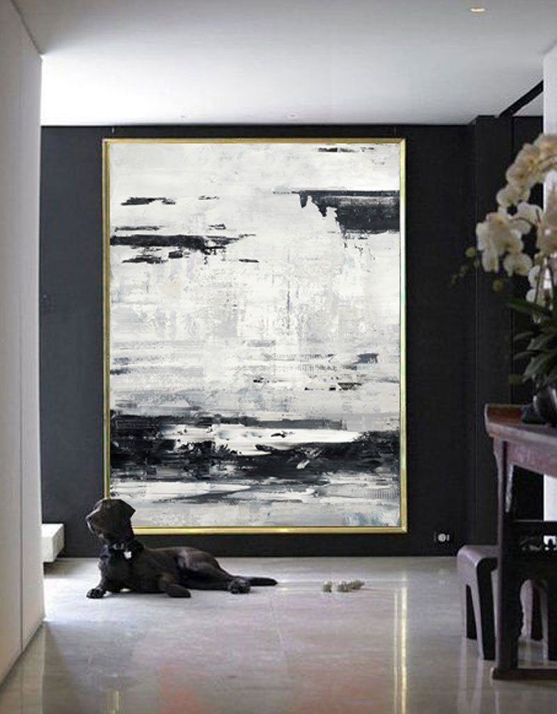 Large Black And White Beach Canvas Wall Art Abstract Ocean Painting