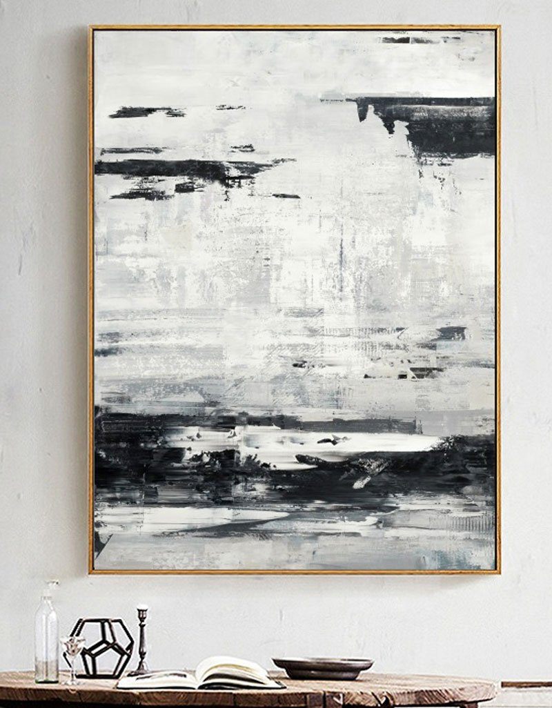 Large Black And White Beach Canvas Wall Art Abstract Ocean Painting