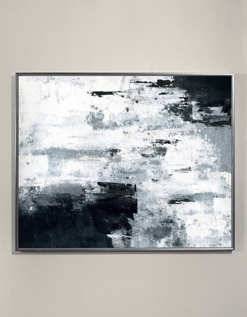 Large Abstract Original Painting Cyan Grey Painting Black White Painting Handmade Modern Art