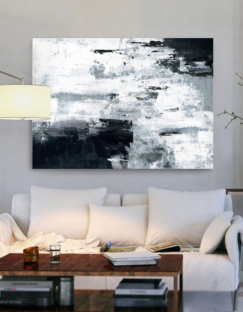 Large Abstract Original Painting Cyan Grey Painting Black White Painting Handmade Modern Art