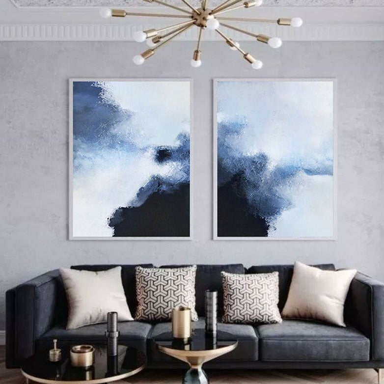 2 Piece Blue White Black Modern Abstract Wall Art For Living Room