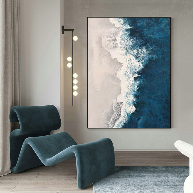 Blue Rich Textured Seascape Painting Large Abstract Wall Art Blue Coastal Canvas Painting