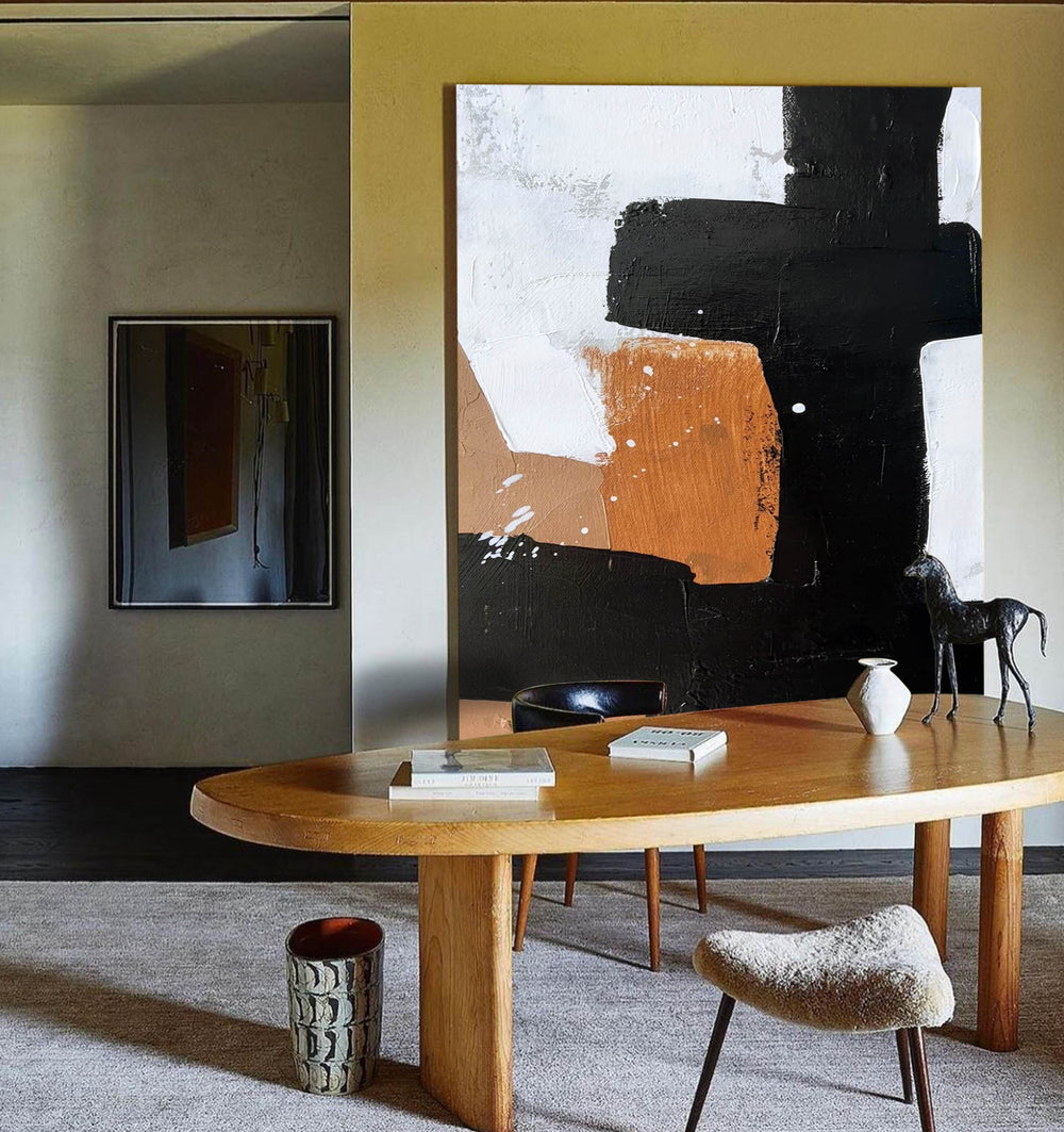 Modern Minimalist Painting Large Acrylic Painting Black White And Brown Cool Line Minimalist Painting For Sale