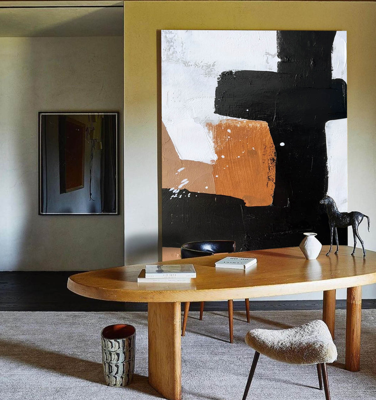 Modern Minimalist Painting Large Acrylic Painting Black White And Brown Cool Line Minimalist Painting For Sale