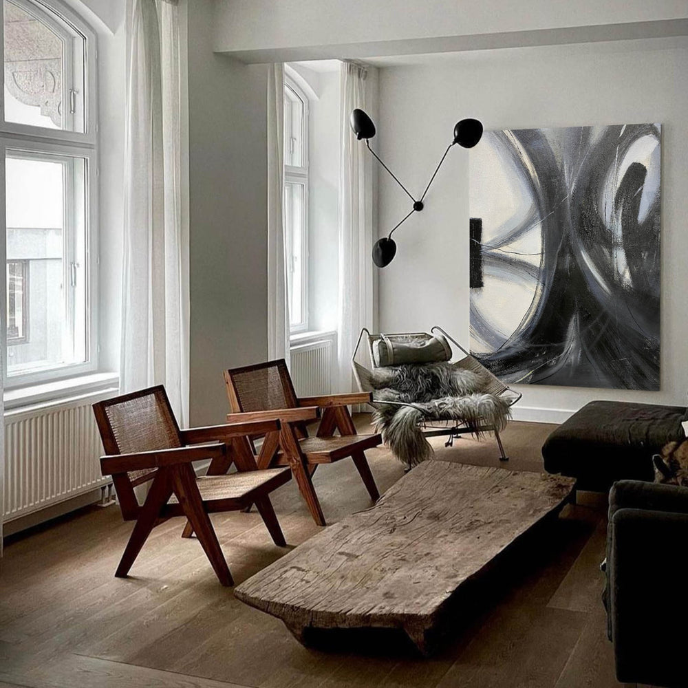 Modern Abstract Wall Art Large Acrylic Painting Black And Grey Line Abstract Painting For Livingroom