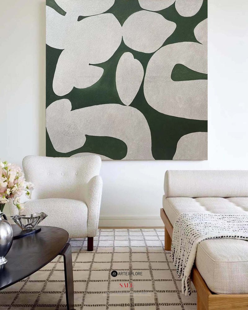 Large Green Square Abstract Art Modern Green White Painting Framed Canvas Painting
