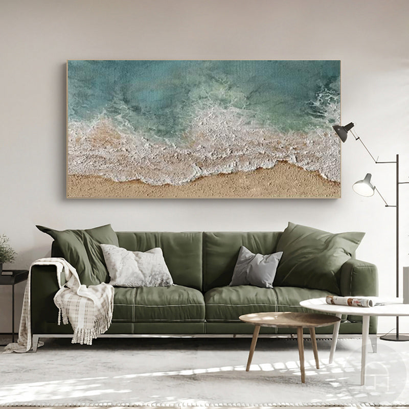 Textured Ocean Wave Canvas Wall Modern Seaside Panoramic Wall Art Blue Beach Painting