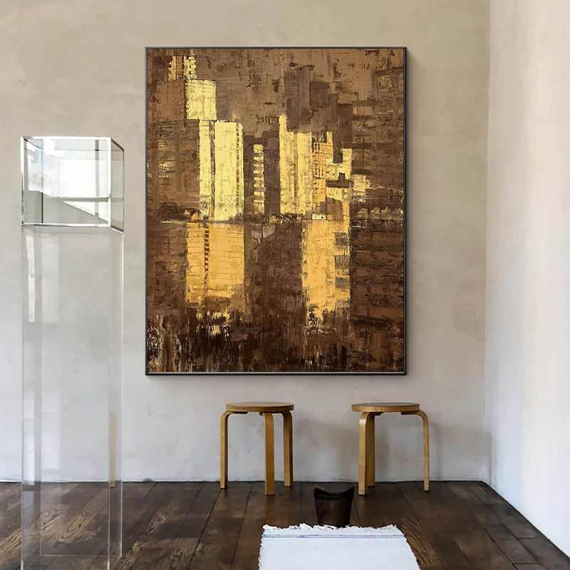 Large Brown Gold Abstract Cityscape Canvas Art Modern Abstract Wall Art City Canvas Art For Sale