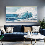 Textured Ocean Wave Wall Art Large Blue Sea Painting Seascape Framed Canvas Wall Are Seaside Panoramic Wall Art Sunset Beach Canvas painting