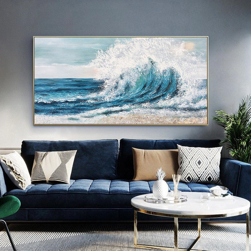 Textured Ocean Wave Wall Art Large Blue Sea Painting Seascape Framed Canvas Wall Are Seaside Panoramic Wall Art Sunset Beach Canvas painting