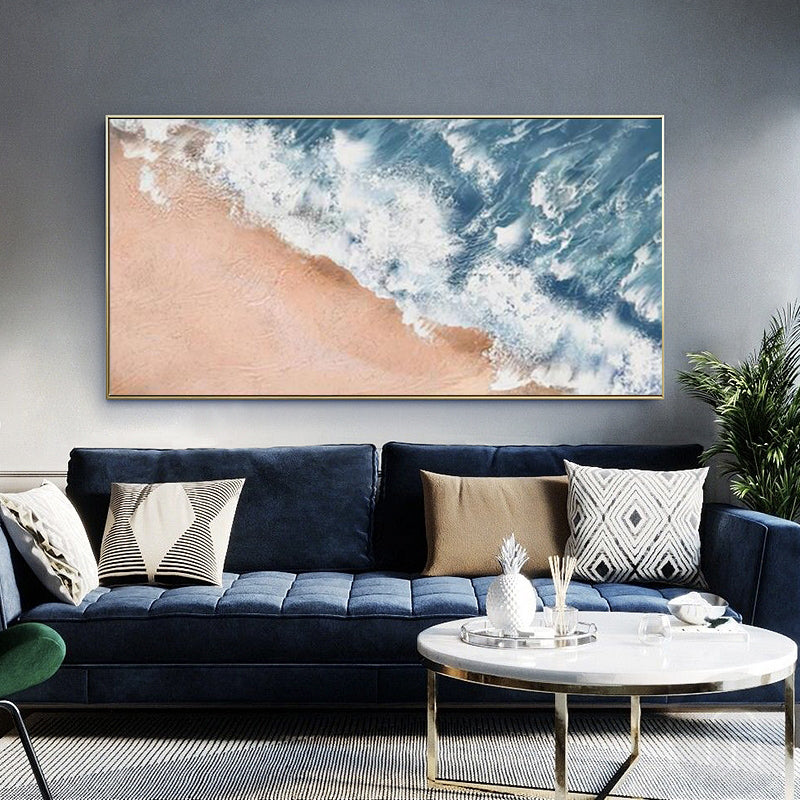 Modern Blue Wave Beach Painting Contemporary Seascape Wall Art Ocea Panoramic Art