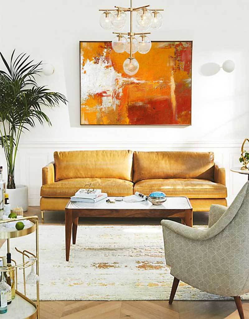Orange Wall Art Canvas Bright Acrylic Paintings Artwork For Large Walls