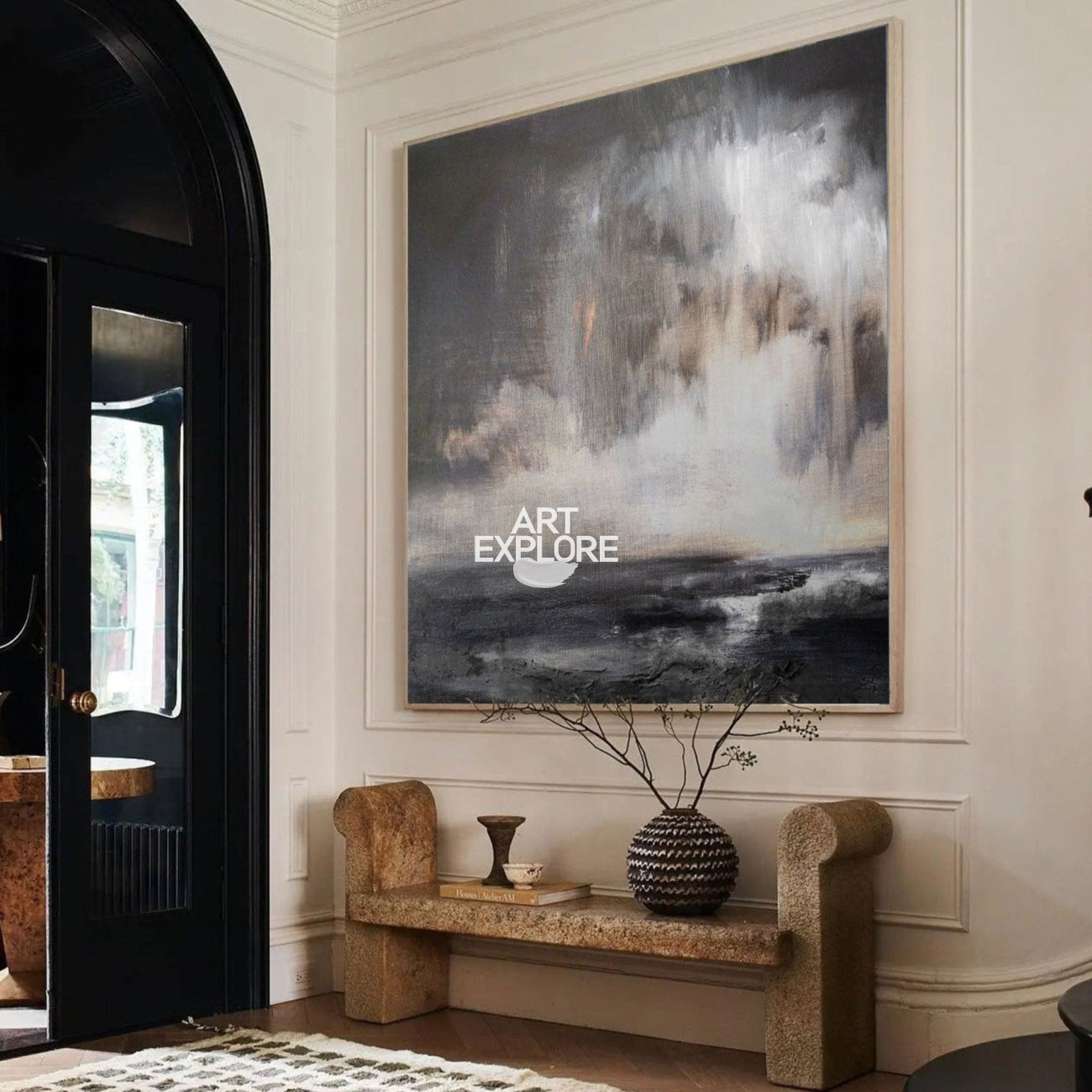 Black And Dark Grey Wall Art Modern Landscape Painting Oil Painting Abstract Lake View Paintings