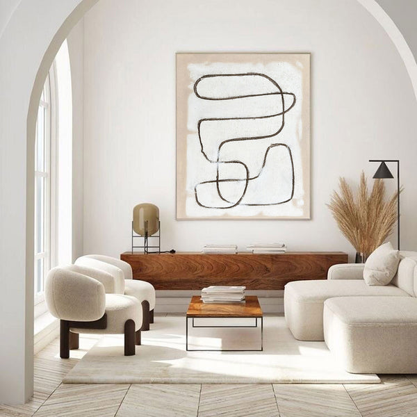 Large Beige Abstract Minimalist Canvas Art Modern Minimalist Black Line Painting For Sale