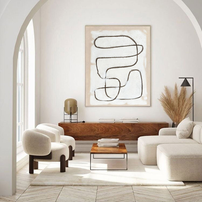 Large Beige Abstract Minimalist Canvas Art Modern Minimalist Black Line Painting For Sale