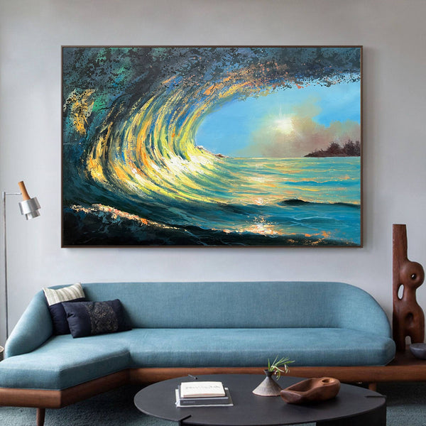 Sunrise And Wave Landscape Acrylic Painting Large Wave Canvas Art Huge Ocean Wave Art For Living Room Wall Art