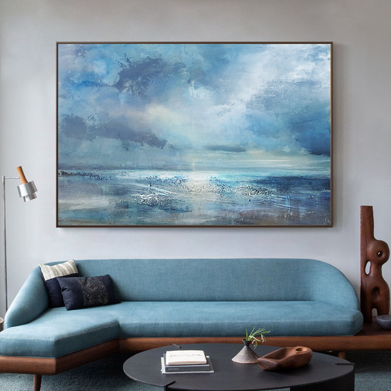 Blue Abstract Seascape Canvas Art Impressionist Acrylic Paintings Large Beach Canvas Wall Art 