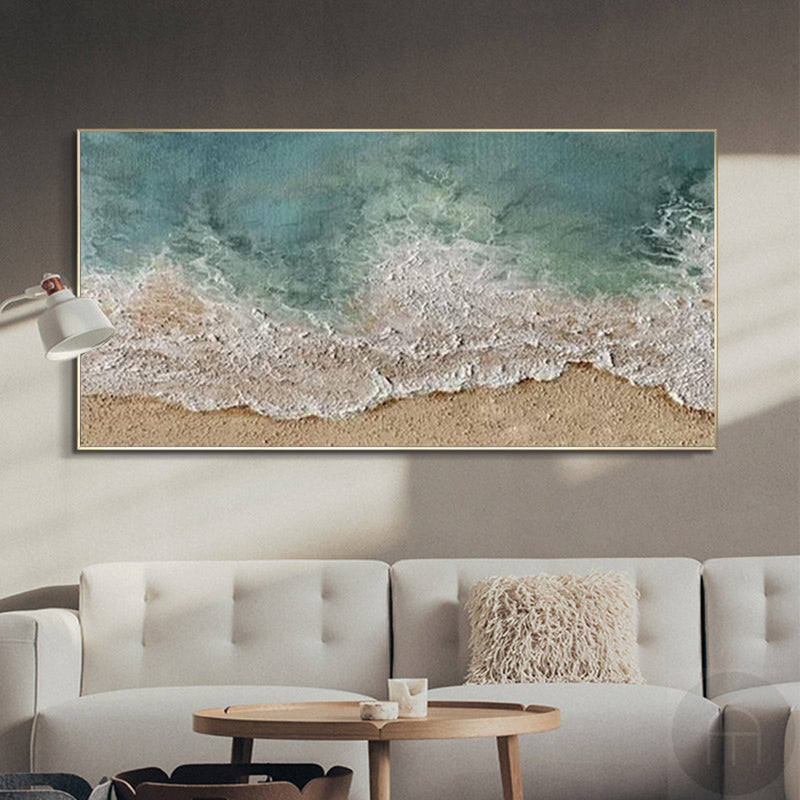 Textured Ocean Wave Canvas Wall Modern Seaside Panoramic Wall Art Blue Beach Painting