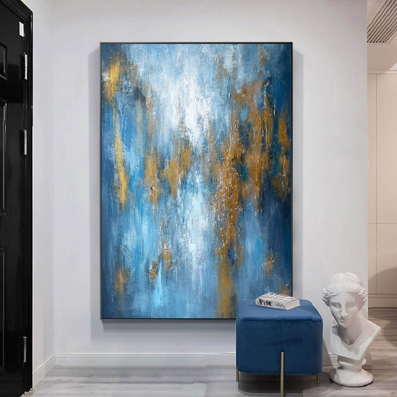 Blue Gold Abstract Wall Art Modern Canvas Wall Art Large Acrylic Abstract Painting For Livingroom