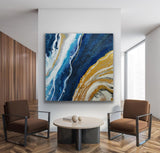 Gold And Blue Abstract Art Large Square Modern Canvas Art Abstract Acrylic Painting For Living Room 