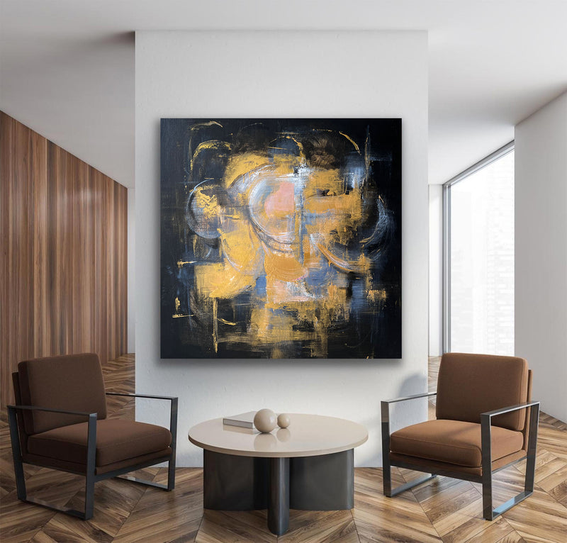 Black And Gold Abstract Flower Wall Art Livingroom Canvas Wall Art Acrylic Painting For Sale