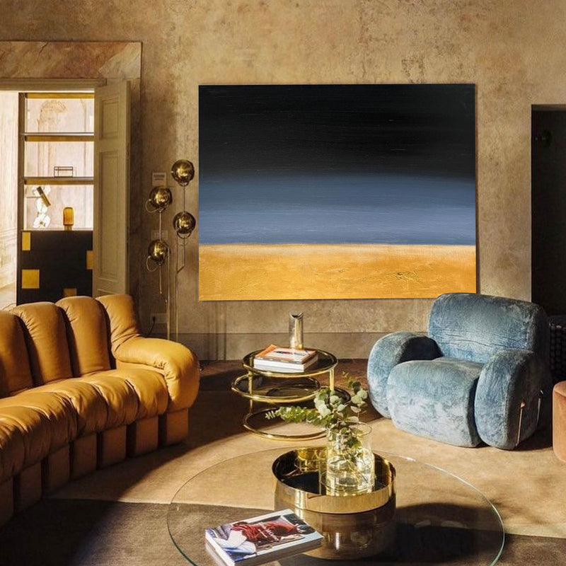 Large Black And Gold Minimalist Art Acrylic Painting Livingroom Canvas Wall Art For Sale