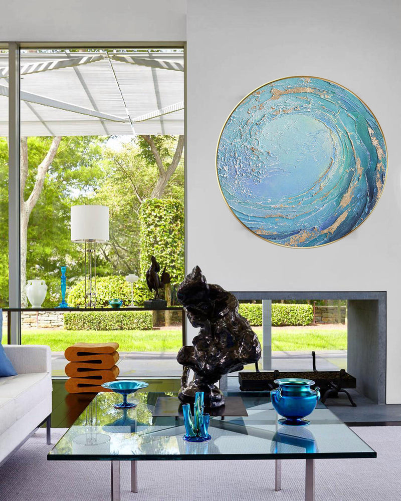 Modern Abstract Art Blue Wave And Ocean Painting Circular Wall Art Framed Painting