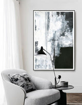 Large Vertical Textured Black White Cyan Abstract Painting On Canvas