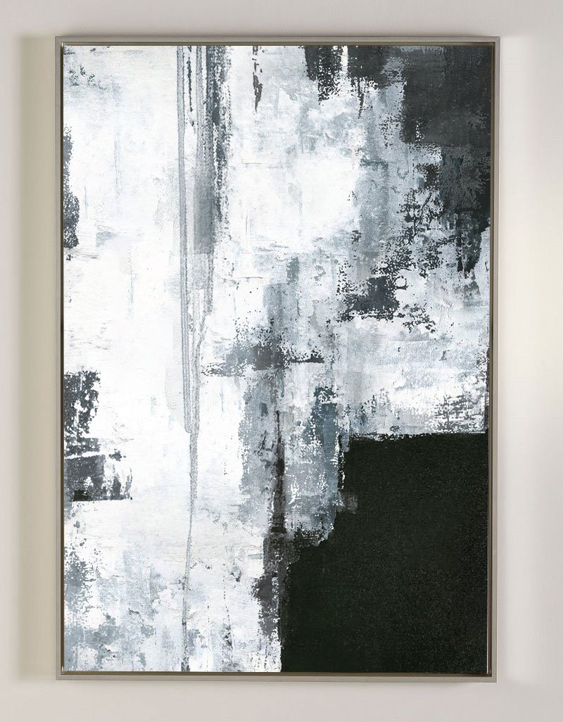 Large Vertical Textured Black White Cyan Abstract Painting On Canvas