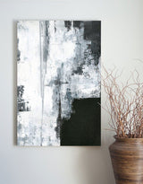 Large Vertical Textured Black White Cyan Abstract Painting On Canvas