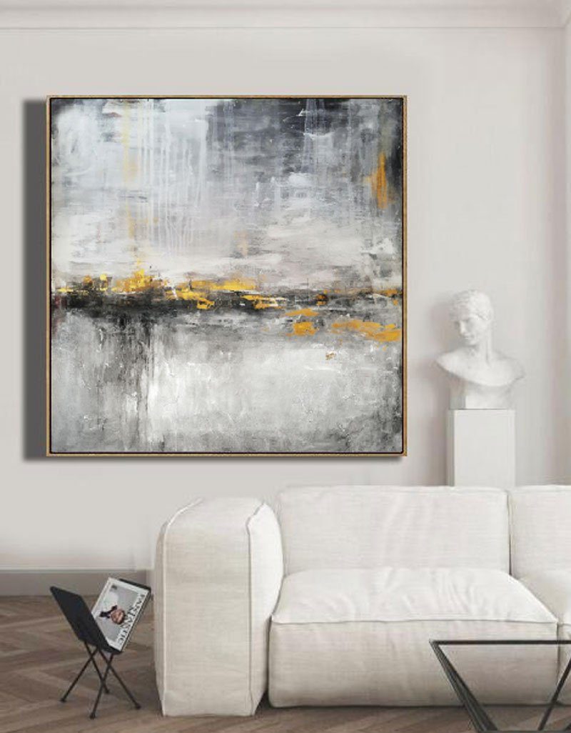 Black White Painting Large Gold Abstract Landscape Painting Modern Abstract Acrylic Canvas Art
