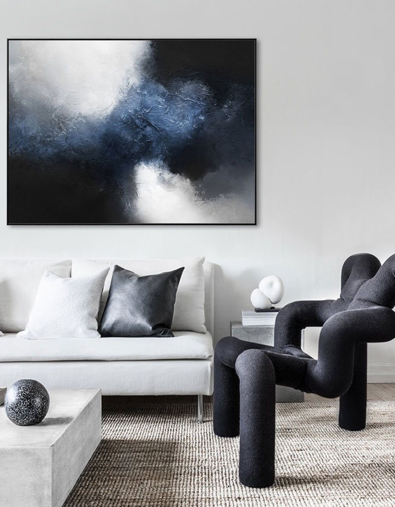Large Abstract Dark Blue Painting Black And Blue Painting Textured Art