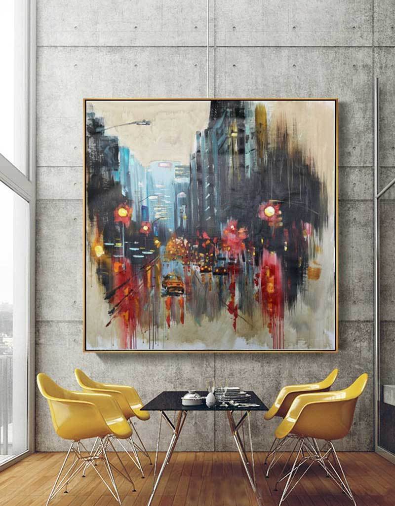 City Art Night Canvas Painting Big Acrylic City Square Painting Cityscape Art